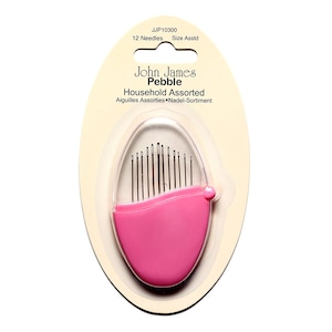 May include: A pink plastic case with a clear lid containing 12 assorted needles. The case is labeled "John James Pebble Household Assorted".