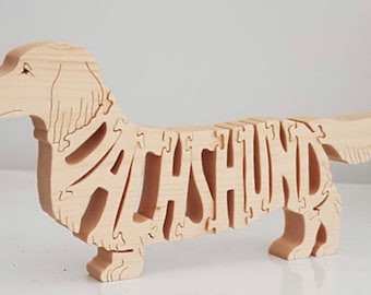 LONGHAIRED DACHSHUND handmade wooden jigsaw puzzle ornament sculpture carving