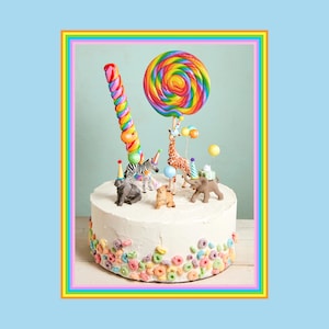 Baby Safari Animal Cake Toppers: giraffe, lion cub, zebra, elephant in mini hats and balloons