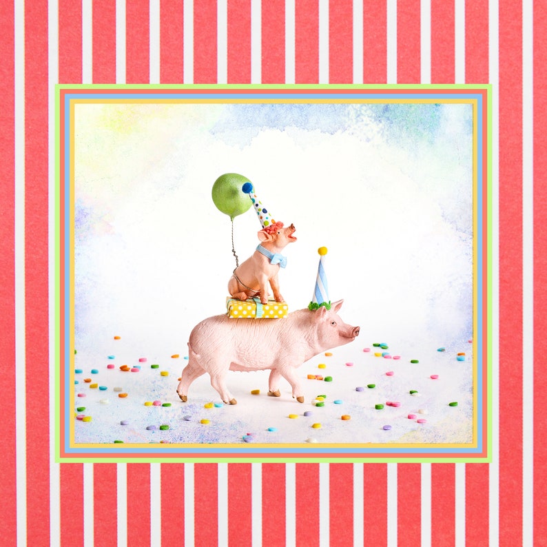 May include: A whimsical image features two pink pig figurines. One pig is ridden by another, who wears a party hat and a blue bow tie. A green balloon floats above. The background is white with colorful confetti and a striped border.