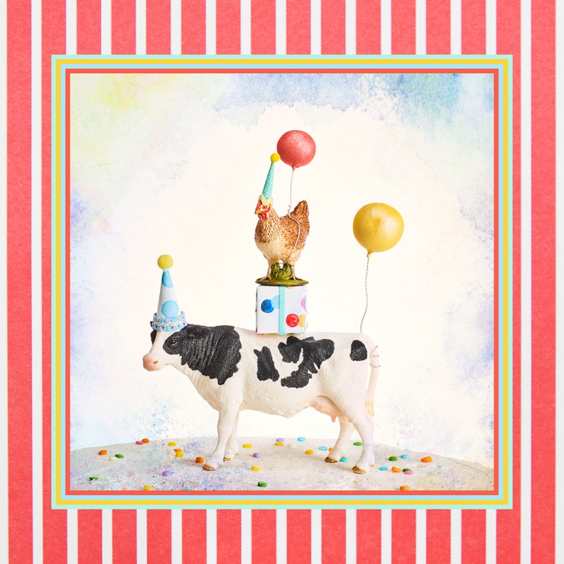 May include: A whimsical image features a cow wearing a party hat, supporting a box with a chicken on top, also wearing a party hat. Balloons float nearby. Colorful confetti is scattered around the base, set against a striped background.