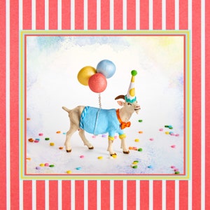 May include: A whimsical image of a goat figurine dressed for a party. The goat wears a blue sweater, orange bow tie, and a party hat, holding three colorful balloons. The background features confetti and a striped border.