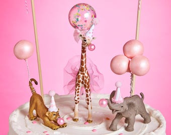 Pink Safari Animal Cake Toppers: Giraffe, Lion, Elephant