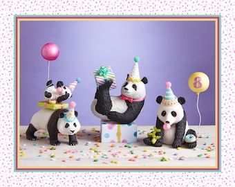 May include: Four panda figurines wearing party hats and holding gifts. The panda on the left is standing on a stack of presents. The panda in the middle is sitting on a present with polka dots. The panda on the right is holding a balloon with the number 8 on it. The pandas are on a white surface with colorful sprinkles.
