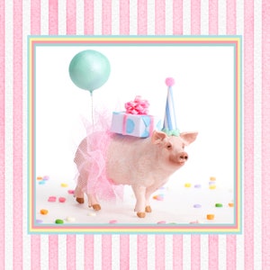 May include: A whimsical figurine of a pig wearing a pink tutu, party hat, and carrying a gift box. A light blue balloon floats above the pig. The background features a pink and white striped pattern, with confetti scattered around the pig.