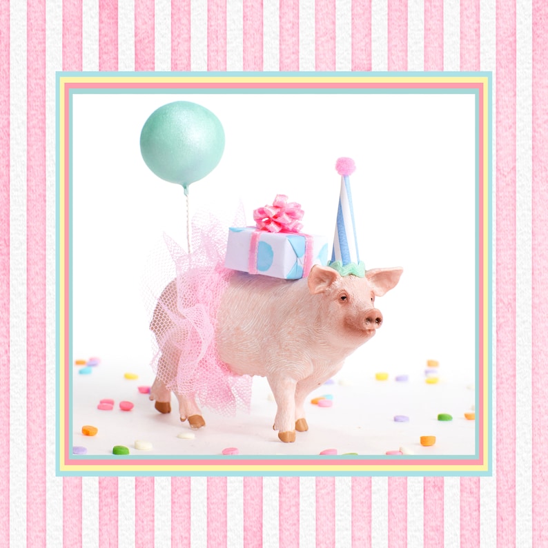 May include: A whimsical figurine of a pig wearing a pink tutu, party hat, and carrying a gift box. A light blue balloon floats above the pig. The background features a pink and white striped pattern, with confetti scattered around the pig.