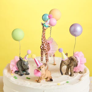 Safari Animal Birthday Cake Toppers: Party Animal Giraffe, Rhino, Lion and Elephant in Tutus