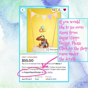 May include: A cake topper featuring a brown orangutan wearing sunglasses and a party hat, holding balloons and a gift. The topper is set on a cake with a yellow background and a banner. The listing is from Sugar Hippo Design.