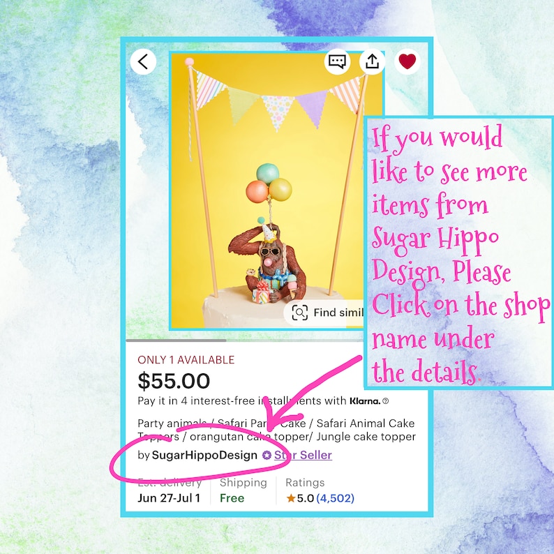 May include: A cake topper featuring a brown orangutan wearing sunglasses and a party hat, holding balloons and a gift. The topper is set on a cake with a yellow background and a banner. The listing is from Sugar Hippo Design.