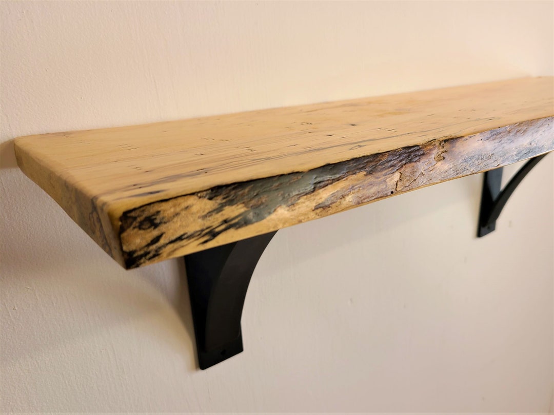48 Live Edge Maple Shelf, 48 Wide, 2 Thick, Rustic Shelf, Steel Shelf