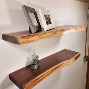 2" Thick Walnut Floating Shelf, Live-Edge Single-Plank Black Walnut, Premium CCV Finish, HD Steel Hidden Shelf Bracket Included