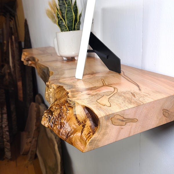 Heavy-Duty Ambrosia Maple Floating Shelf: Rustic Style Live-Edge, Single-Piece 2.25" Thick