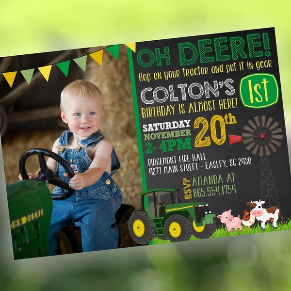 Oh Deere Boy Birthday Invitation, John Deere Birthday Invitation, Tractor Birthday. Farm Birthday, Photo Invitation, ANY age