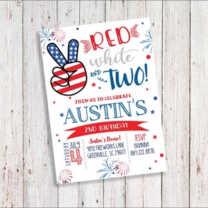 Red White and Two, 4th of July Birthday Invitation, Fireworks, 2nd Birthday Invitation, Girl or Boy Birthday Invite, Peace, Red White & Blue