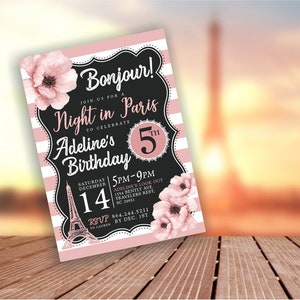 Paris Girl Birthday Party Invitation, Bonjour Paris Birthday, Oh Lala, ANY age, Night in Paris, Paris Theme, 5th Birthday