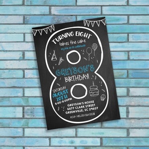 8th Birthday Boy Invitation, Turning 8 Takes the Cake, Any Age, Birthday Invitation, Digital Download, Boy Birthday Theme, Black and Blue