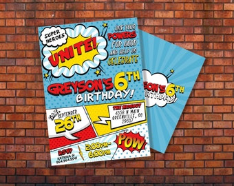 Super Hero Birthday Invitation, ANY age, Superhero Invitation, Digital Download, Boy Birthday Theme, Super Hero Party, Hero Invitation
