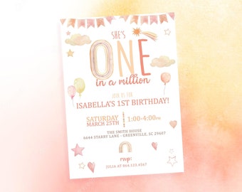 One in a million girl birthday invitation, 1st birthday invitation, Rainbow birthday, Stars and Hearts, Boho Birthday Invite, Watercolor