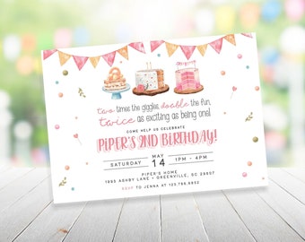 Two times the giggles, Double the Fun, 2nd Birthday Invitation, Girl 2nd Birthday Invitation, Sweet Birthday, Modern Birthday Invitation