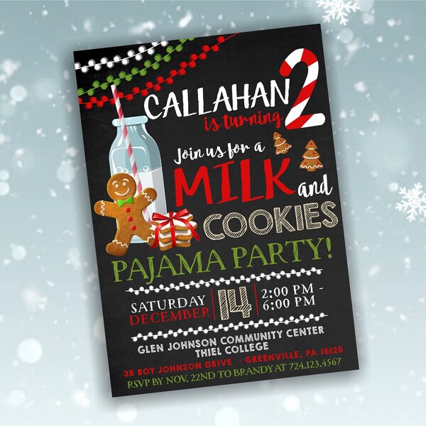 Christmas Birthday Invitation, Milk and Cookies, Pajama Party, Christmas Theme Birthday, ANY age