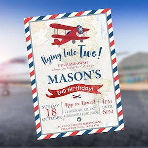Flying into Two Airplane Birthday Invitation, Aviation Theme Birthday Invitation, Vintage Airplane Invitation, Airplane Party Invitation