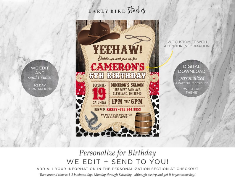 Cowboy Birthday Invitation, Rodeo Birthday Invitation, Rodeo Birthday, Saddle up, Bard Yard Birthday Invitation, Saloon Birthday Invitation image 2