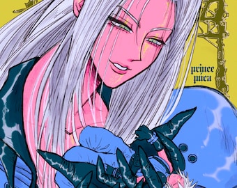 May include: Digital illustration of a character with long white hair, pink skin, and green eyes. The character is wearing a blue and black outfit and holding a smaller figure. The text "prince pica" is in the lower right corner.