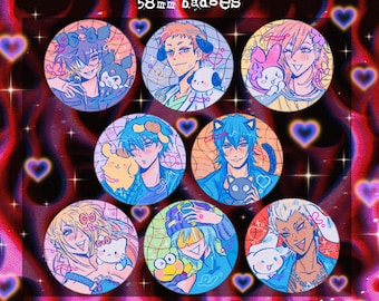 May include: A collection of seven 58mm round badges featuring anime-style illustrations of characters with various accessories and pets. The badges have a colorful design with a pink and red background, and the text "SLOW DAMAGE" and "Prince Púca" is visible.
