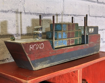 Handmade Wooden Container Ship, Cargo Boat, Reclaimed Wood, Handpainted, Scratch built, Unique gift, Folk art, 30x14x6cm, UK P&P Included