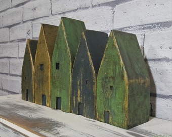 5 Reclaimed Wooden Houses, Folk Art, Painted, Distressed, Green, Blue, Mustard, Wooden Houses, Cottages, Handmade in Wales UK, P&P Included