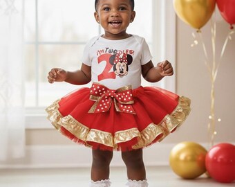 Traje de tutú de cumpleaños de Minnie rojo y dorado hecho a mano