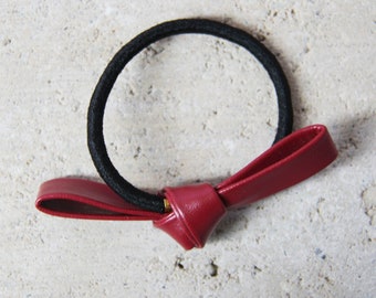 Berry Red Faux Leather Bow Hair Tie