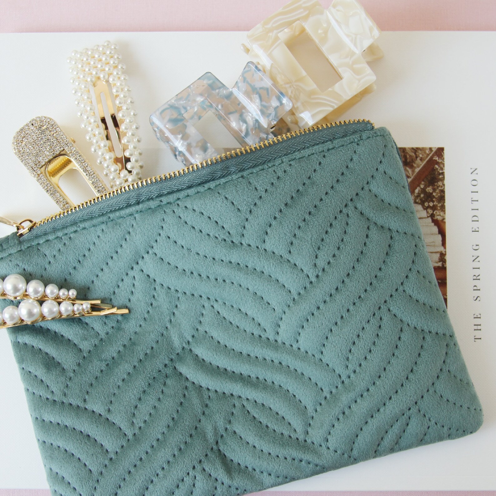 Emerald Green Velvet Quilted Make Up Bag Etsy