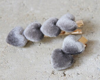 Set of 2 Grey Velvet Heart Hair Clips