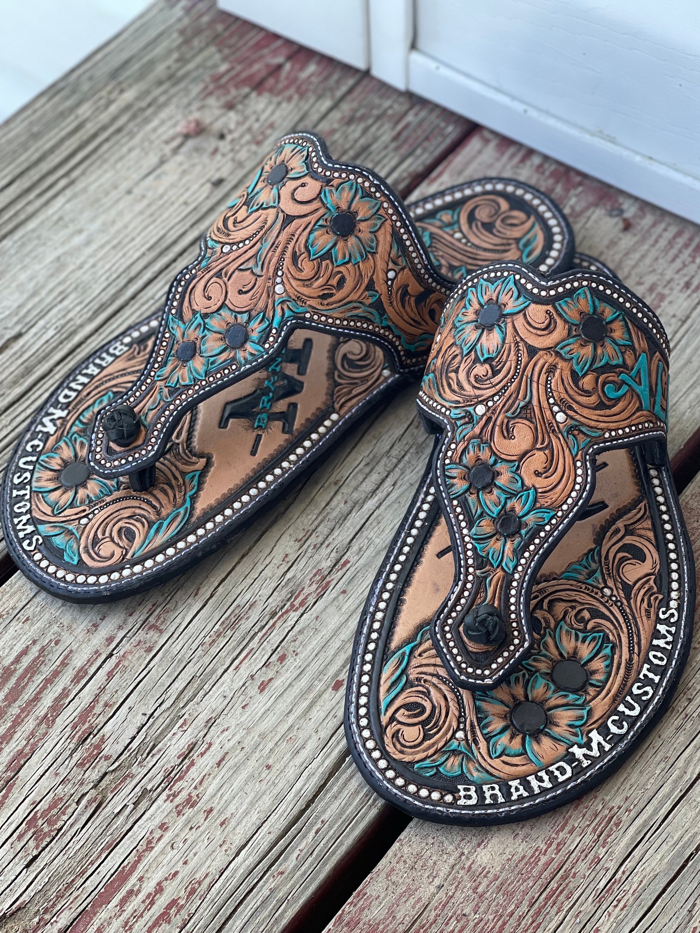 Tooled Leather Sandals Etsy