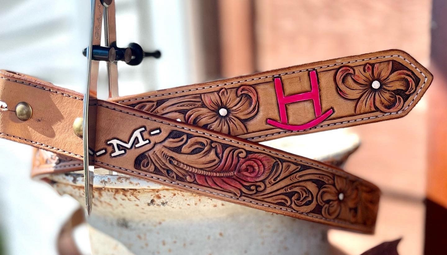 Hand-painted engraved honey western leather belt