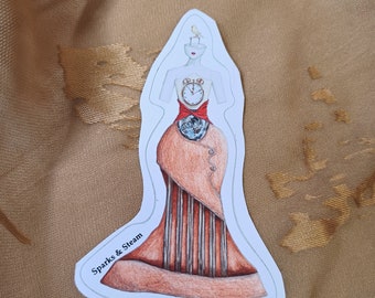 Anxiety Steampunk Mannequin Vinyl Sticker: Surreal Color Pencil Art