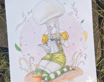 Mushroom Lady Art Print: Cottagecore Color Pencil Drawing