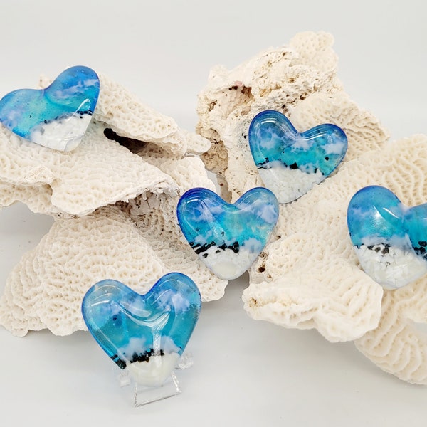Handcrafted Glass Hearts Beach Fused Glass Kiln Cast Coastal Ocean Pocket Hug with Optional Stands and Magnet