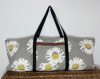 Large Daisy Grey Cotton Print Yoga Mat Bag - Sunflower Print Lined Pilates Bag - Fitness Bag- Strong Black Webbing Handles-2 Pockets