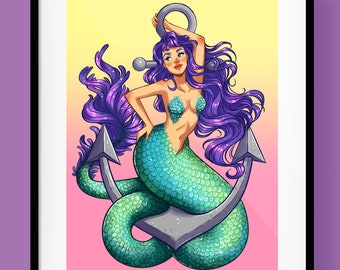 Pinup Anchor Mermaid Print Poster Wall Art