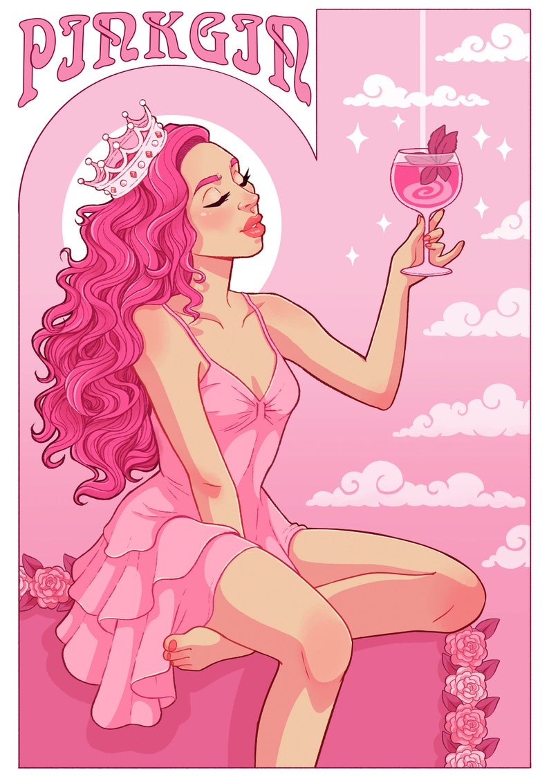 Pink Gin Girl Art Nouveau Print