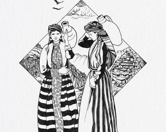 Ethno Kurdistan. Kurdish women. 30x40 cm (11.81" x 15.74"). Ink Art. Living room decor. Giclee print on archival paper.