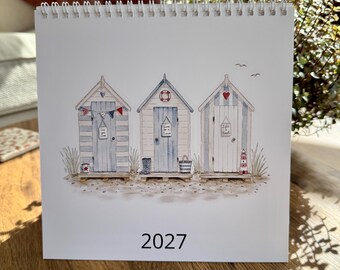 2027 Desk Calendar, Spiral Bound, Watercolour Seaside Illustrations, 20 x 20 cm, Double Sided