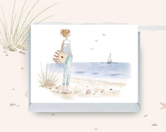 Beach Thinking Of You Card, Nautical Watercolour Illustration, Coastal Blank Greeting Card