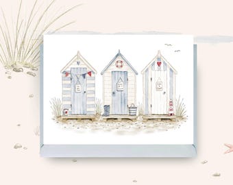 Beach Huts Greeting Card, Nautical Coastal Watercolour, Blank Card Any Occasion For Friends