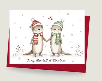 Otter Christmas Card, Festive Couple Greeting (A6)