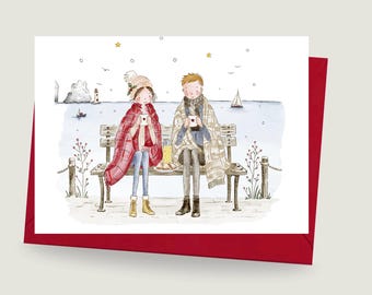 Christmas Seaside Card For Friends, Watercolour Festive Christmas Costal Greeting Card