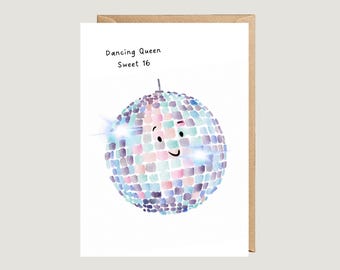 Dancing Queen Sweet 16 Card, Disco Ball Illustration, Personalized Teen Birthday Greeting