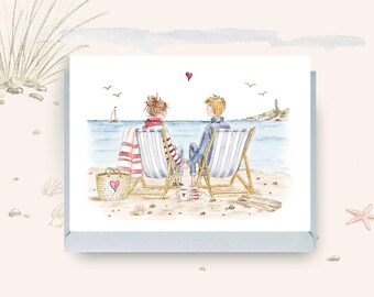 Couple Deckchairs Card, Coastal Watercolour Beach Illustration, Nautical Blank Greetings Card